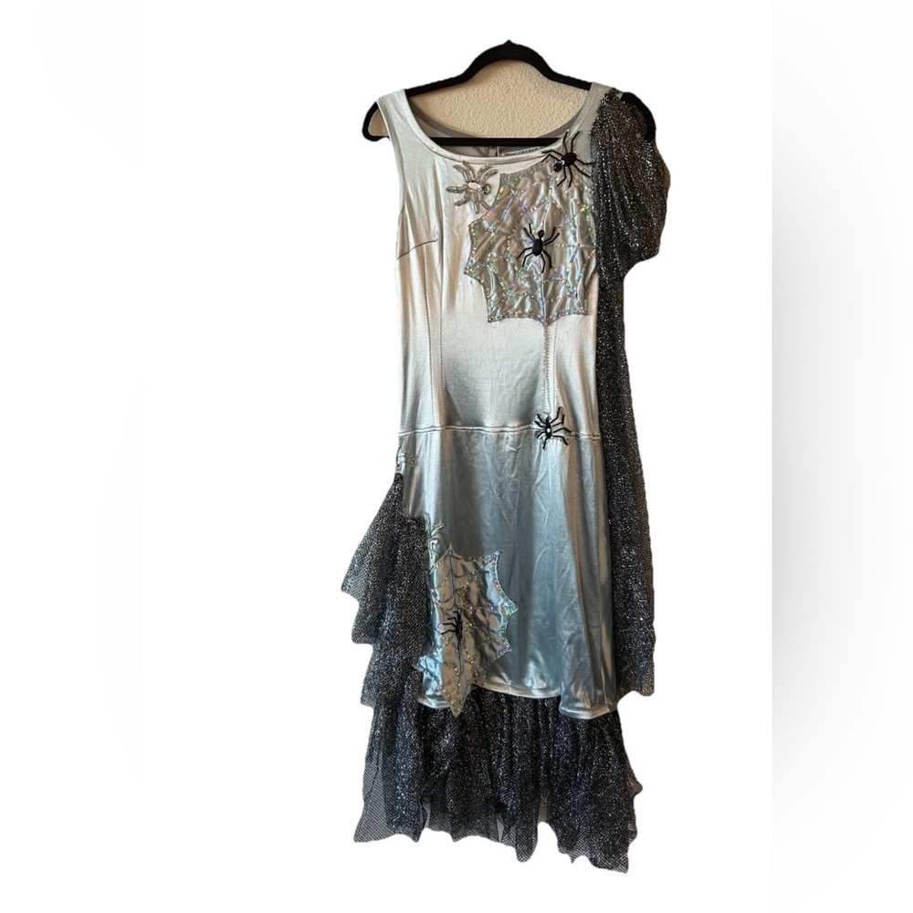 Y2K Silver Spider Women Goth Grunge Metallic Embellished Gown Costume S/M